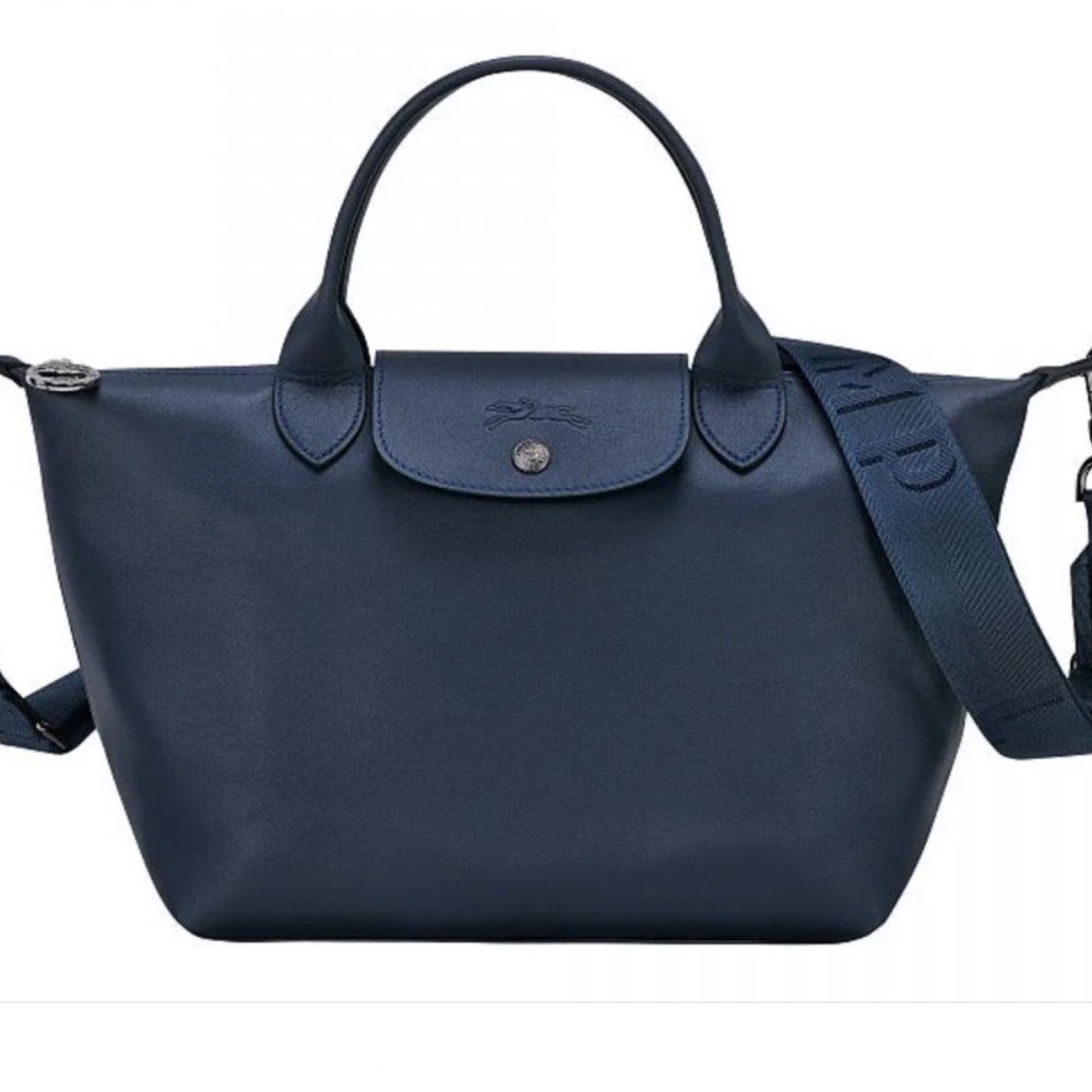 Longchamp Le Pliage Navy Leather Handbag w/Adjustable Detachable Shoulder Strap